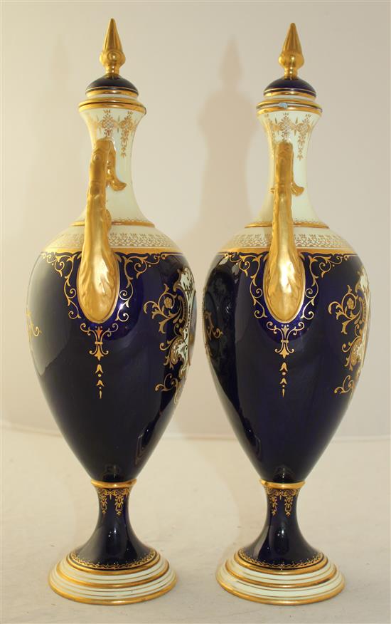 A pair of large Coalport oviform pedestal vases and covers, c.1902, 36cm